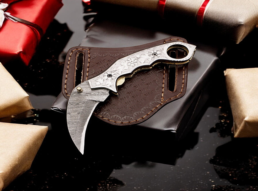 Handmade Damascus Steel Hunting Folding Karambit Claw knife with Engraved Steel Handle. Free Engraving and USA Shipping. Pro-Vigoroso1920