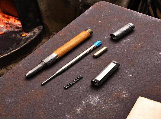 Handmade Damascus steel & Oak Wood Barrel Ballpoint Pen with Deep Pocket Clipper. Pro7010