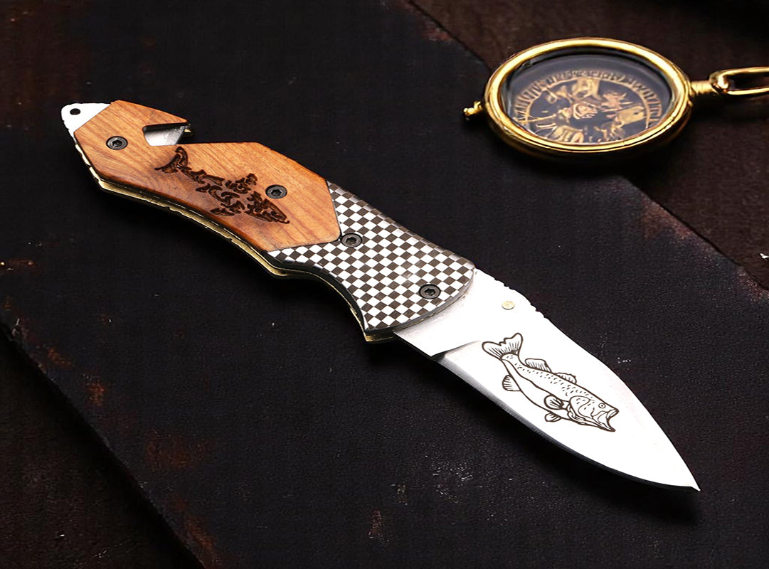 Handmade D2 steel Hunting Camping Folding knife with Rope cutting Hook Handle. Free Engraving and USA Shipping. Pro-Vigoroso1919