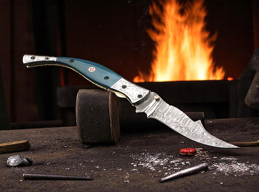 Handmade Damascus Steel Fish Tail Shape Folding Knife with Engraved Bolster and Pommel. Pro1476