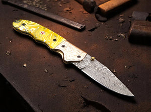 Handmade Damascus Steel Folding Knife with engraved Bolster and Resin Handle. Free Engraving and USA Shipping. Pro-Vigoroso1916