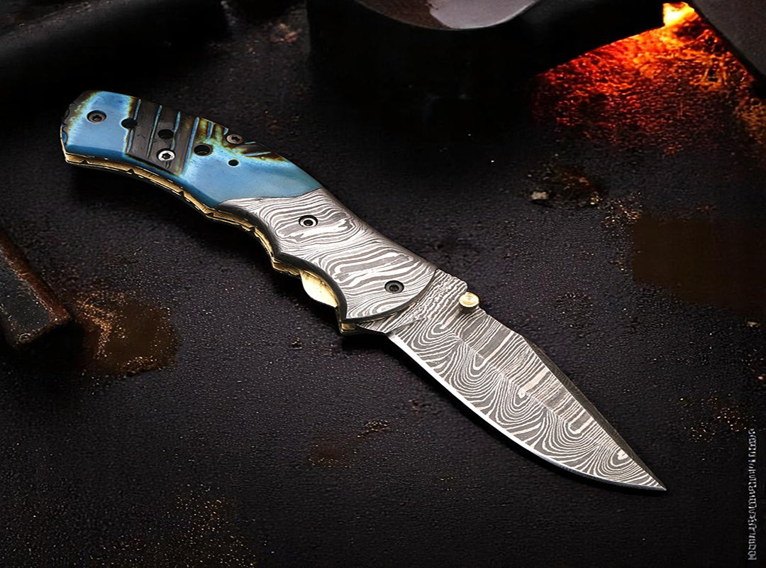 Handmade Damascus Steel Bone Handle Folding Knife with Damascus Bolster. Free engraving and USA Shipping.  Pro-Vigoroso1451