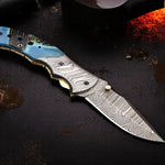 Handmade Damascus Steel Bone Handle Folding Knife with Damascus Bolster. Free engraving and USA Shipping.  Pro-Vigoroso1451