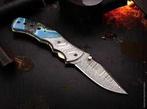 Handmade Damascus Steel Bone Handle Folding Knife with Damascus Bolster. Free engraving and USA Shipping.  Pro-Vigoroso1451