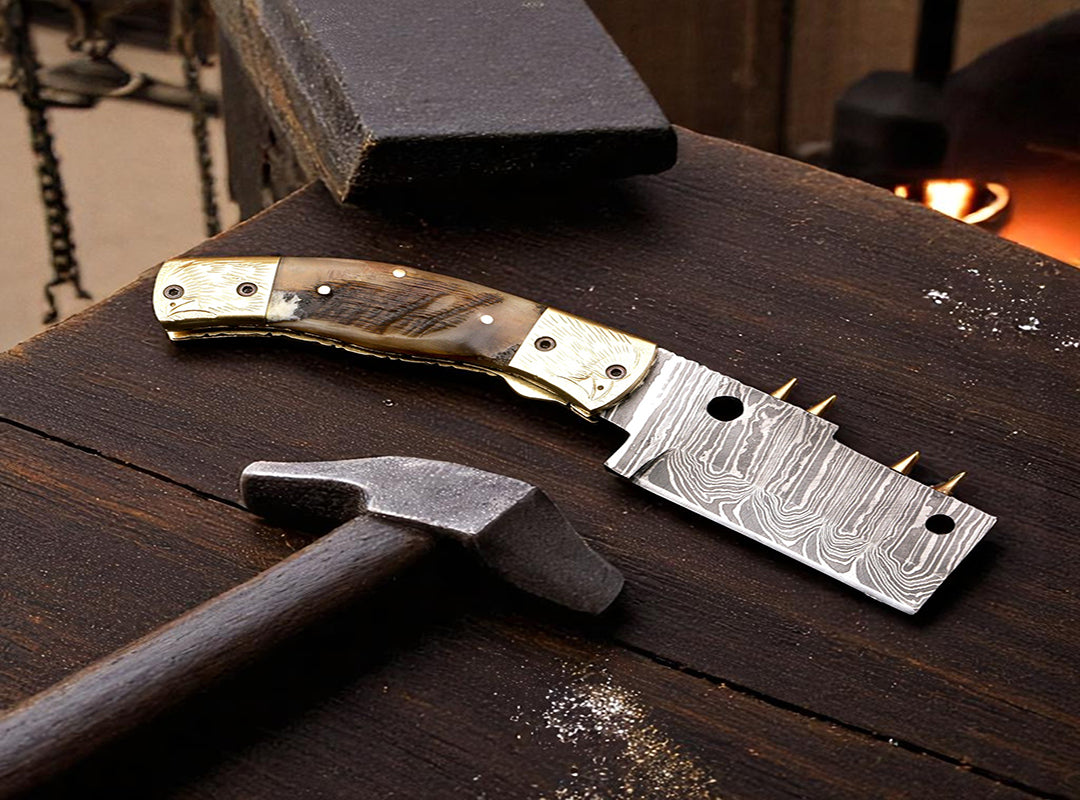 Damascus Etched Cleaver Blade Folding Knife with Spine Rivets. Free Engraving and USA Shipping. Pro-Vigoroso1921
