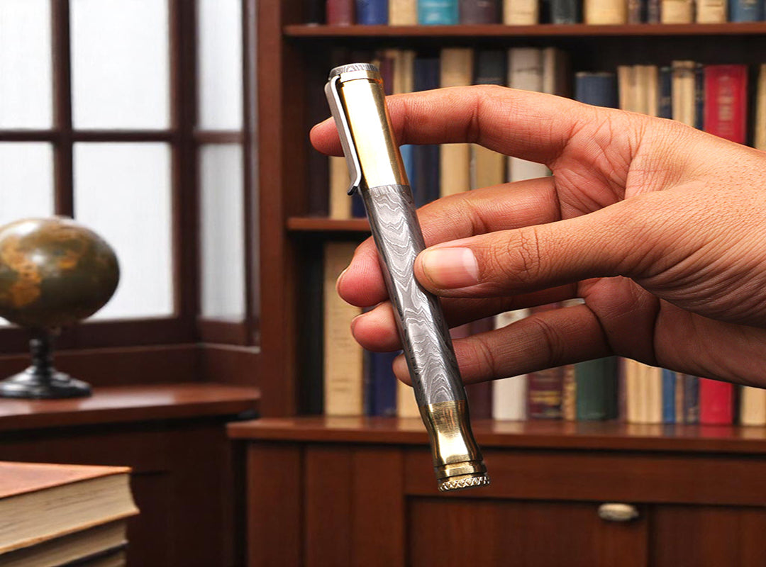 Handmade Damascus steel Ballpoint Pen with Brass Cap & Pocket Clipper. Pro7011