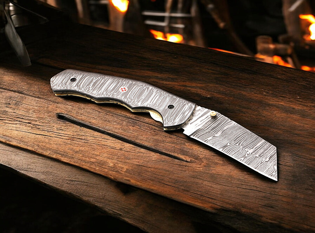 Damascus Steel Cleaver Blade Folding Knife with Damascus Handle. Pro1922