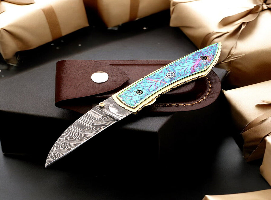 Handmade Damascus Steel Folding Knife Along with Engraved D2 Steel Dual Shade Handle. Free Engraving and USA Shipping.  Pro-Vigoroso1915