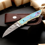 Handmade Damascus Steel Folding Knife Along with Engraved D2 Steel Dual Shade Handle. Free Engraving and USA Shipping.  Pro-Vigoroso1915