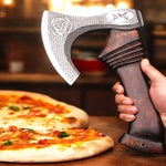 Best Professional Handmade Carbon Steel Lion etched Long Edge Pizza Cutter Axe with Dark Wood Handle. Free Engraving and USA Shipping. Pro-Bello5556