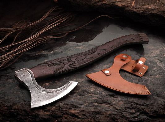 Handmade Carbon Steel Viking Axe with Dark Crafted Crocodile on Ash Wood Shaft. Pro-Bello1440
