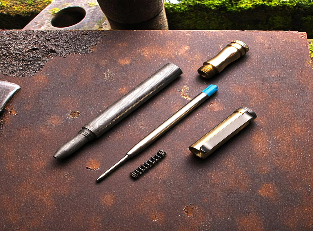 Handmade Damascus steel Ballpoint Pen with Brass Cap & Pocket Clipper. Pro7011