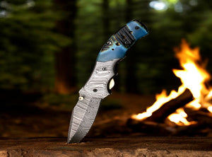 Handmade Damascus Steel Bone Handle Folding Knife with Damascus Bolster. Free engraving and USA Shipping.  Pro-Vigoroso1451