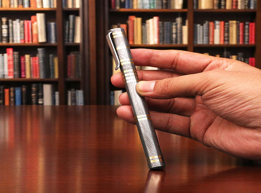 Handmade Damascus Steel & Brass Rings on Ballpoint Pen Barrel with Pocket Clipper. Pro7009