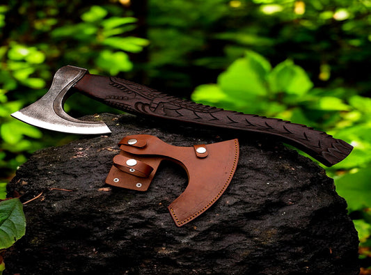 Handmade Carbon Steel Viking Axe with Dark Crafted Crocodile on Ash Wood Shaft. Pro-Bello1440