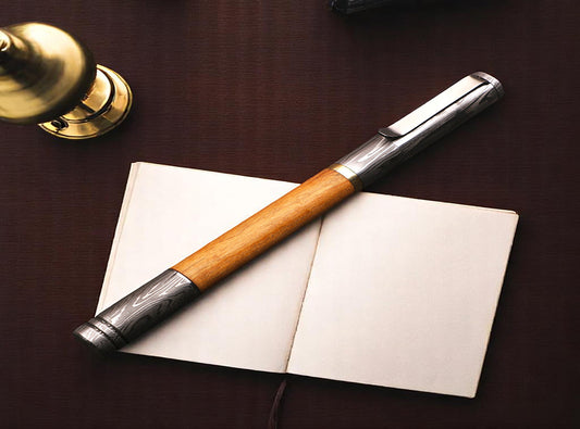 Handmade Damascus steel & Oak Wood Barrel Ballpoint Pen with Deep Pocket Clipper. Pro7010