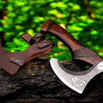 Best Professional Handmade Carbon Steel Lion etched Long Edge Pizza Cutter Axe with Dark Wood Handle. Free Engraving and USA Shipping. Pro-Bello5556
