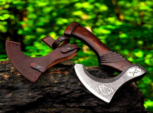 Best Professional Handmade Carbon Steel Lion etched Long Edge Pizza Cutter Axe with Dark Wood Handle. Free Engraving and USA Shipping. Pro-Bello5556