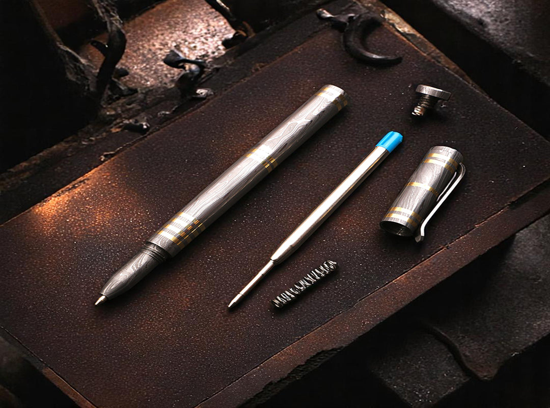 Handmade Damascus Steel & Contrast Brass Rings on Ballpoint Pen Barrel with Pocket Clipper. Free Engraving and USA Shipping. Pro-Regalo7009