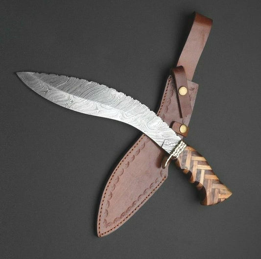 Handmade Damascus Steel Survival Hunting Kukri Knife with Olive and Dark Wood Handle. Pro1469