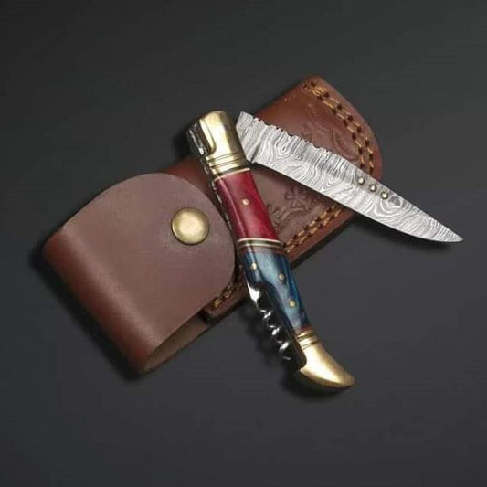 Handmade Damascus Steel Dollar Sheet Slim Handle Knife with Bottle Cork Opener. Pro1457