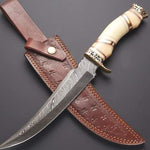 Handmade Damascus steel Camping Skinner Gear with Brass and Camel Bone Handle. Pro-Capolavoro1460