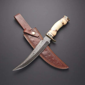 Handmade Damascus steel Camping Skinner Gear with Brass and Camel Bone Handle. Pro-Capolavoro1460