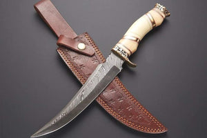 Handmade Damascus steel Camping Skinner Gear with Brass and Camel Bone Handle. Pro-Capolavoro1460