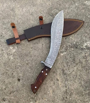 Handmade Damascus Steel Hunting Kukri Knife With Dark Wood Handle. Pro-Bello1450