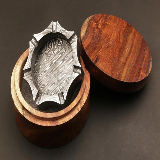 Handmade Damascus steel Heptagonal Cigar Ashtray with Rose Wood Box. Pro7002
