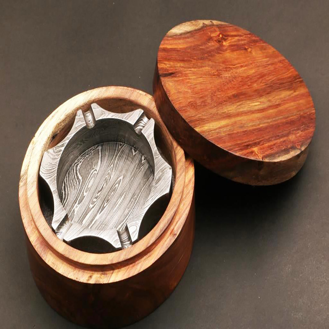 Unique Handmade Damascus steel Ashtray in Edge Design with Rose Wood Box. Pro7001