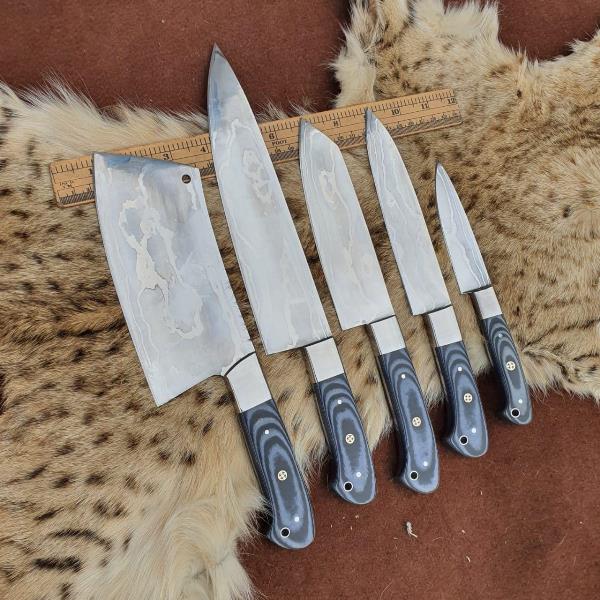 Custom Handmade J2 Steel Chef Knives Kitchen Set with Special Dollar Sheet Handles.  Free Damascus Steel Ring, Pro-Robusto1444