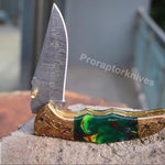 Handmade Damascus Steel Pocket Knife with Tie & Dye Resin Handle. Pro-Vigoroso1471