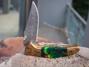 Handmade Damascus Steel Pocket Knife with Tie & Dye Resin Handle. Pro-Vigoroso1471