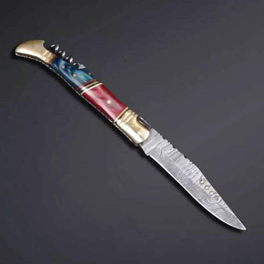 Handmade Damascus Steel Dollar Sheet Slim Handle Knife with Bottle Cork Opener. Pro1457
