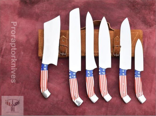 Handmade J2 Steel Plain Steel Six Pieces Chef Set with USA Flag Resin Handle. Pro1449