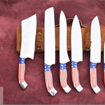 Handmade J2 Plain Steel Chef Set with USA Flag Resin Handle.  Free Damascus Steel Ring. LA-Robusto 1449