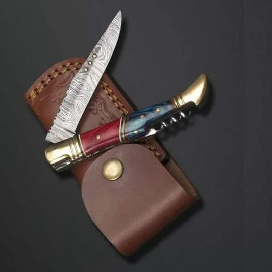 Handmade Damascus Steel Dollar Sheet Slim Handle Knife with Bottle Cork Opener. Pro1457