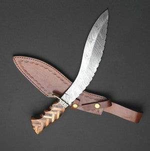 Handmade Damascus Steel Survival Hunting Kukri Knife with Olive and Dark Wood Handle. Pro-Bello1469