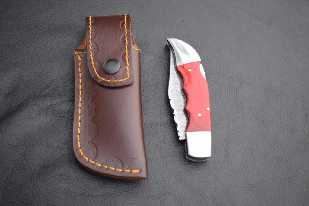 Handmade Damascus Steel Back Lock Hunting knife with Reddish Dollar Sheet Handle.Pro-Vigoroso1480