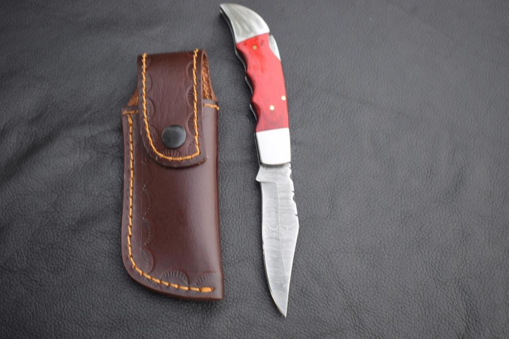 Handmade Damascus Steel Back Lock Hunting knife with Reddish Dollar Sheet Handle.Pro-Vigoroso1480