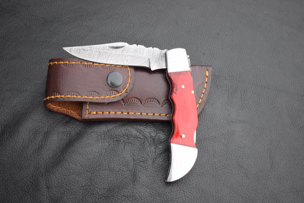 Handmade Damascus Steel Back Lock Hunting knife with Reddish Dollar Sheet Handle.Pro-Vigoroso1480