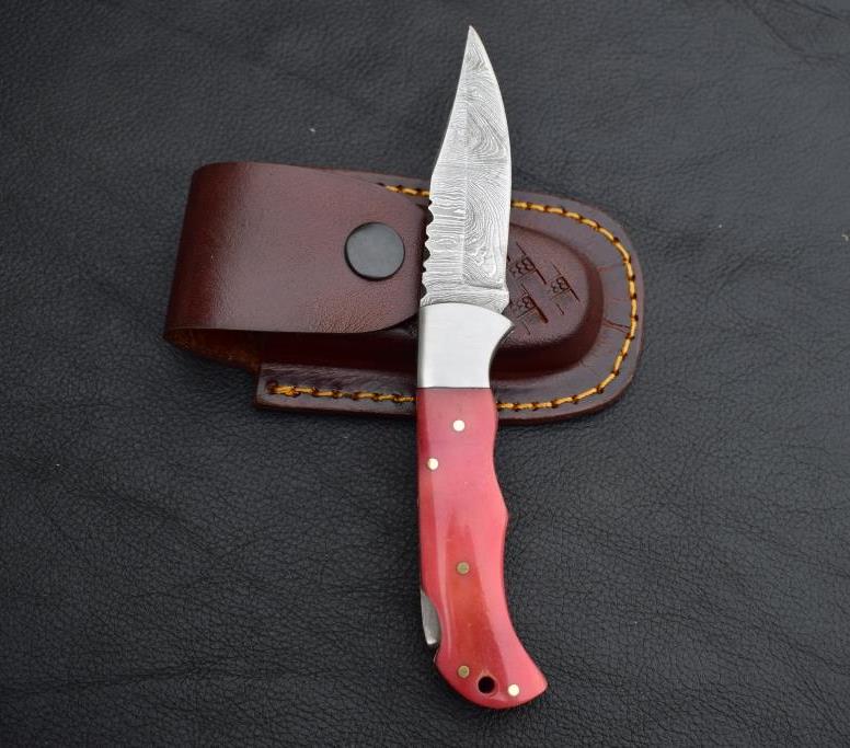 Damascus steel Back Lock Folding Knife with Pink Resin Handle. Pro-Vigoroso1488