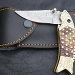 Handmade Damascus Steel Hunting Folding Knife with Engraved Brass & Resin Handle. Pro-Capolavoro1458