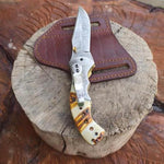 Handmade Damascus Steel Folding Knife along with Engraved Resin Handle. Pro-Vigoroso1481