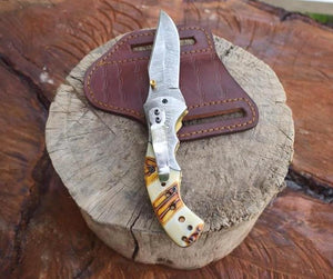 Handmade Damascus Steel Folding Knife along with Engraved Resin Handle. Pro-Vigoroso1481