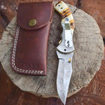 Handmade Damascus Steel Folding Knife along with Engraved Resin Handle. Pro-Vigoroso1481