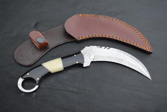 Handmade Damascus steel Karambit Knife with Black Micarta and Off-white Bone Handle. Pro1541