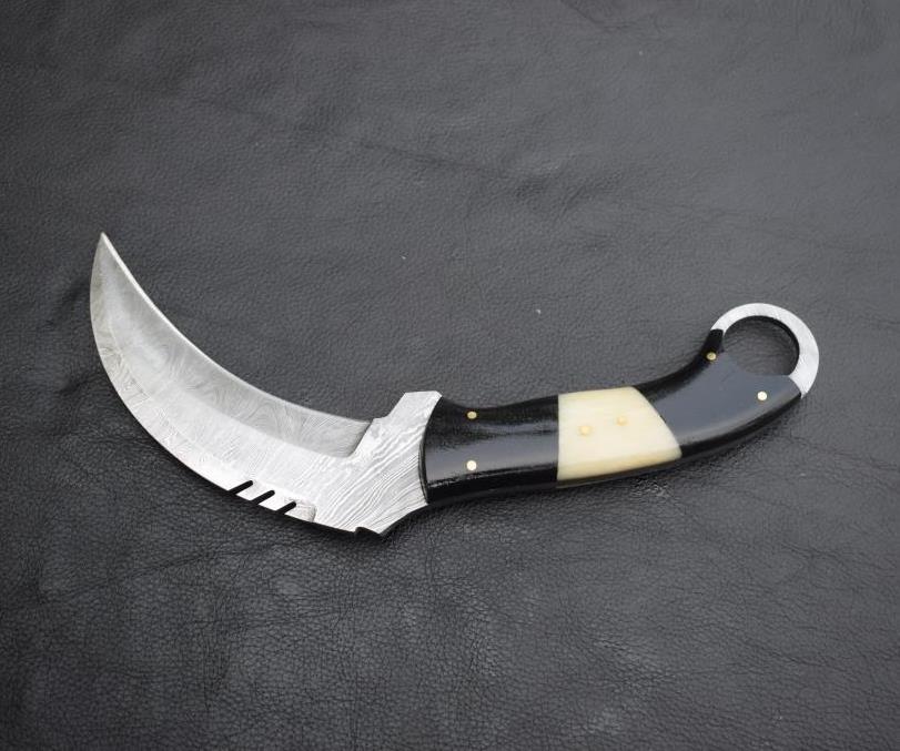 Handmade Damascus steel Karambit Knife with Black & Off-white Handle. Pro-Netto1541