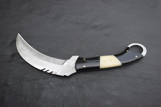 Handmade Damascus steel Karambit Knife with Black Micarta and Off-white Bone Handle. Pro1541